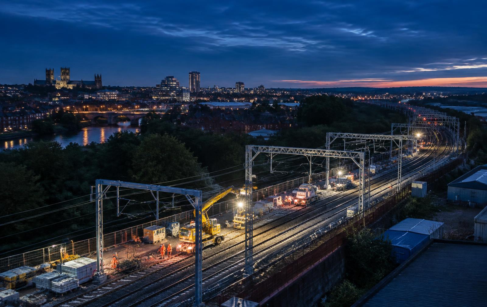 Rail electrification works at dusk